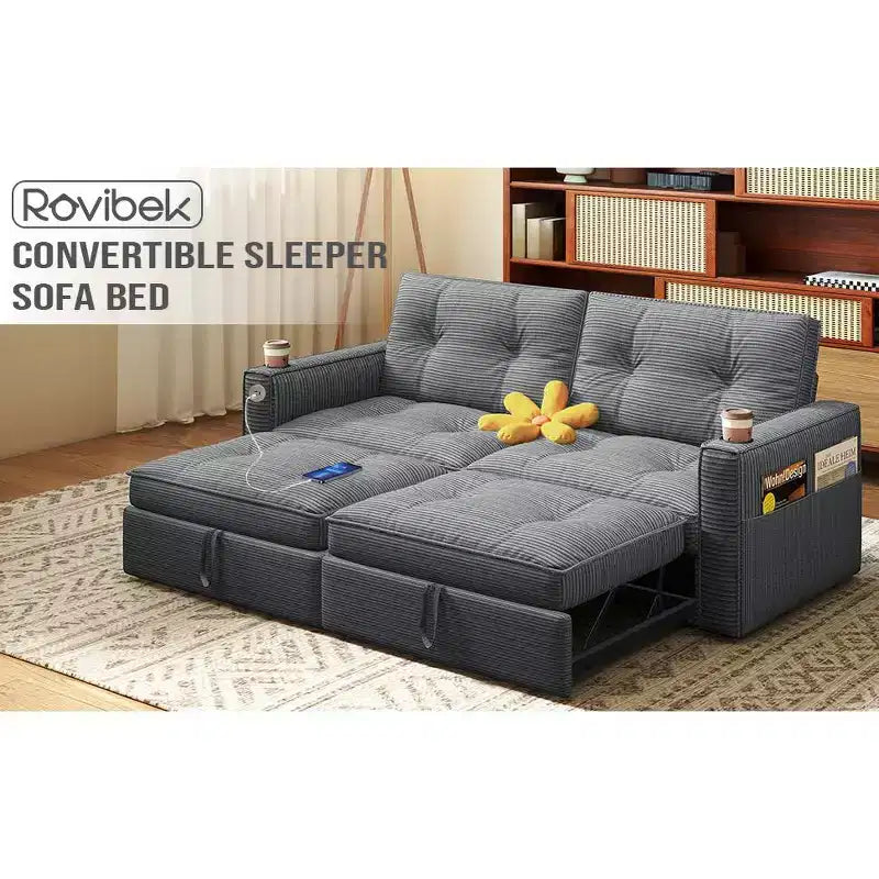 MooxvMoo 73 Queen Size Loveseat Sleeper Sofa w/ Pull Out Bed, Pockets and USB, Modern 2 Seater Convertible Small Couch for Living Room, Gray