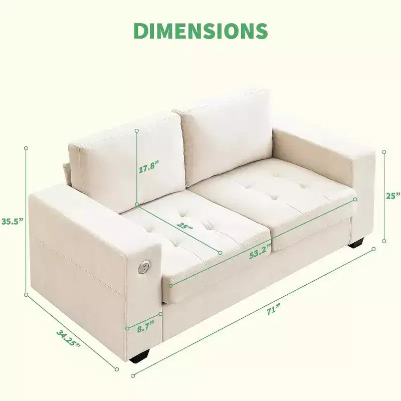 Causeuse moderne en chenille de 70 po avec ports USB et poches latérales - Canapé capitonné, cadre entièrement en bois, petit canapé compact pour salon