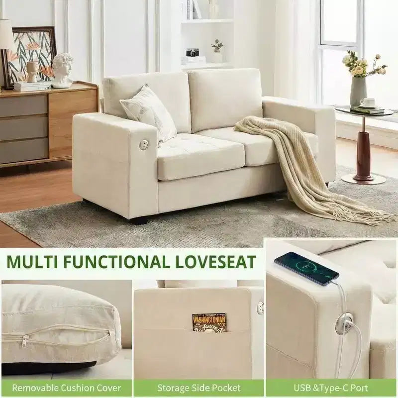 Causeuse moderne en chenille de 70 po avec ports USB et poches latérales - Canapé capitonné, cadre entièrement en bois, petit canapé compact pour salon
