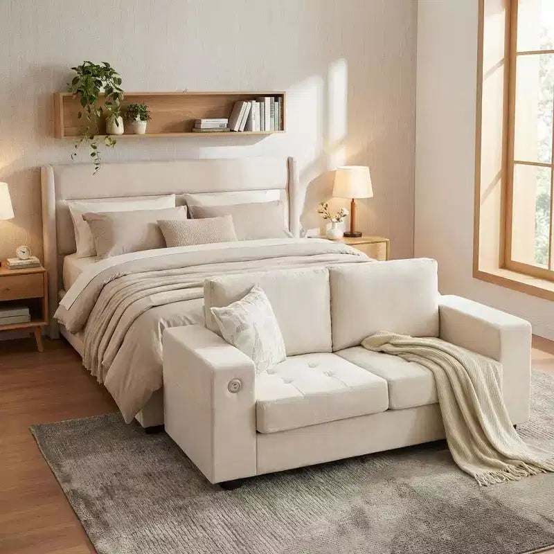 Causeuse moderne en chenille de 70 po avec ports USB et poches latérales - Canapé capitonné, cadre entièrement en bois, petit canapé compact pour salon