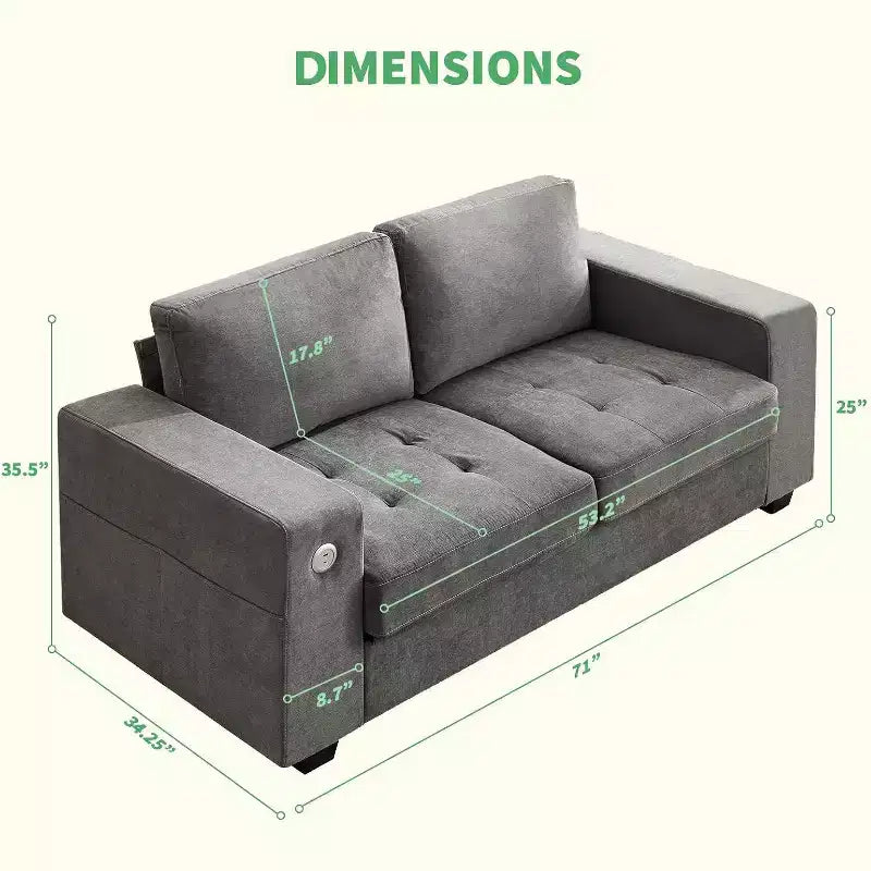 Causeuse moderne en chenille de 70 po avec ports USB et poches latérales - Canapé capitonné, cadre entièrement en bois, petit canapé compact pour salon