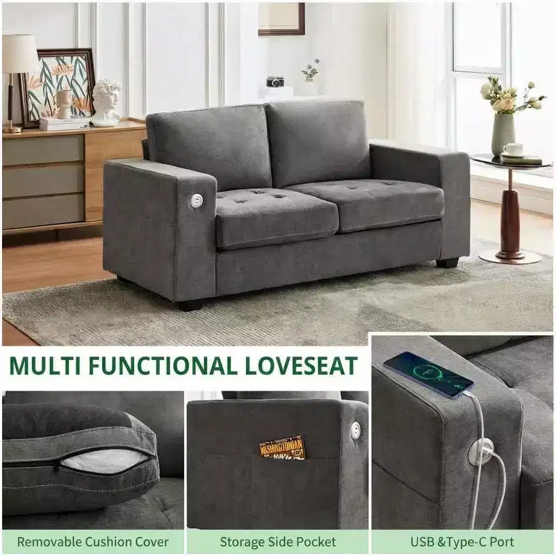 Causeuse moderne en chenille de 70 po avec ports USB et poches latérales - Canapé capitonné, cadre entièrement en bois, petit canapé compact pour salon
