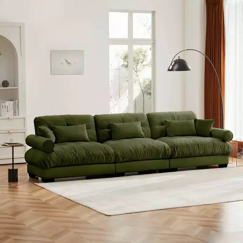 MAYEERTY Extra large 3 Seat Modern Velvet Sofa Cloud Like Comfortable Seat and Back Support with Waist Pillows and Throw Pillows Olive Green