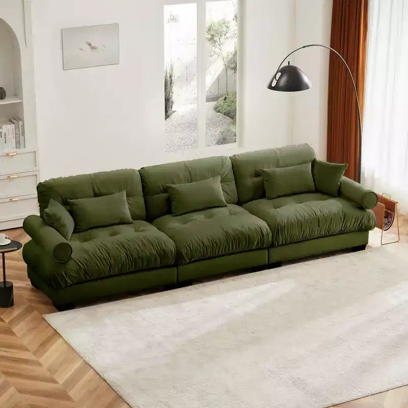 MAYEERTY Extra large 3 Seat Modern Velvet Sofa Cloud Like Comfortable Seat and Back Support with Waist Pillows and Throw Pillows Olive Green