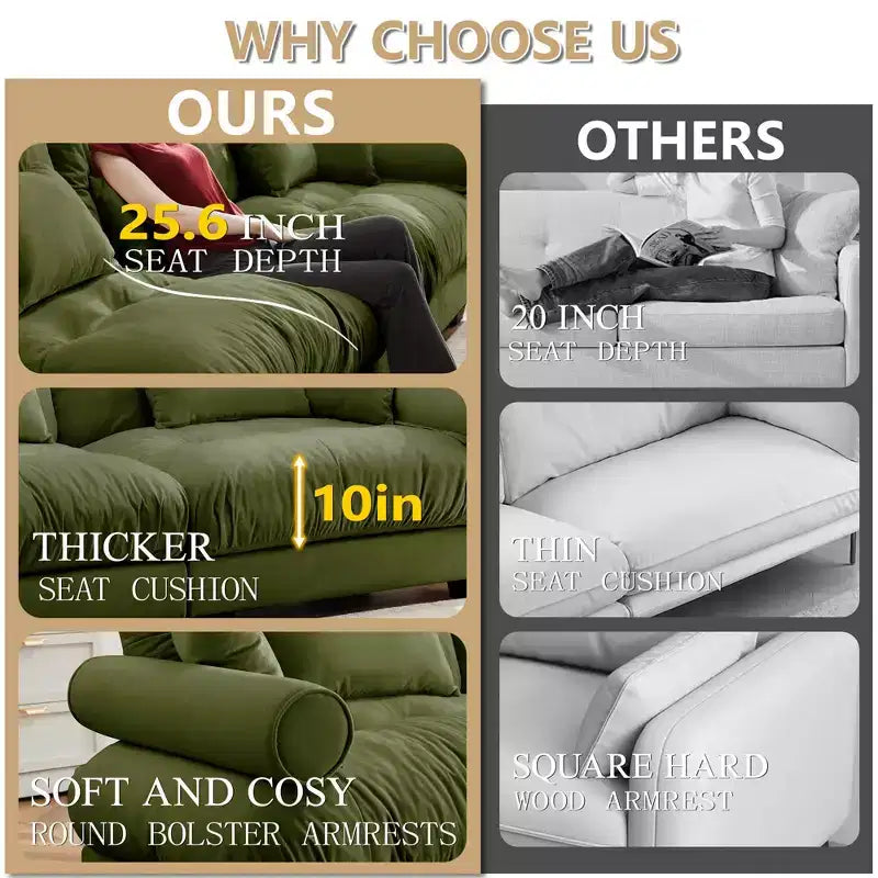 MAYEERTY Extra large 3 Seat Modern Velvet Sofa Cloud Like Comfortable Seat and Back Support with Waist Pillows and Throw Pillows Olive Green