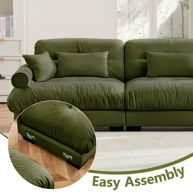 MAYEERTY Extra large 3 Seat Modern Velvet Sofa Cloud Like Comfortable Seat and Back Support with Waist Pillows and Throw Pillows Olive Green
