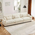 MAYEERTY Canapé Moderne Très Grand 3 Places en Velours, Assise et Dossier Confortables comme un Nuage avec Coussins Lombaires et Coussins Décoratifs Crème