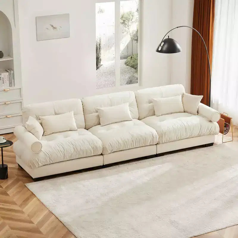 MAYEERTY Canapé Moderne Très Grand 3 Places en Velours, Assise et Dossier Confortables comme un Nuage avec Coussins Lombaires et Coussins Décoratifs Crème