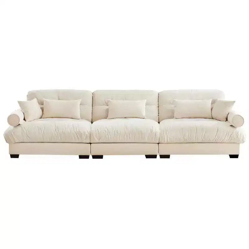 MAYEERTY Canapé Moderne Très Grand 3 Places en Velours, Assise et Dossier Confortables comme un Nuage avec Coussins Lombaires et Coussins Décoratifs Crème