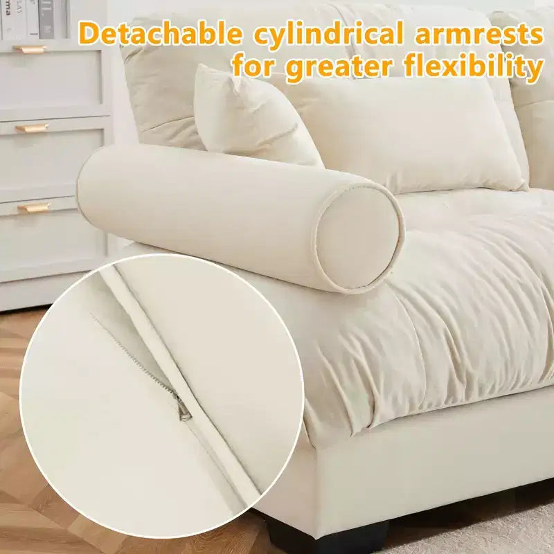 MAYEERTY Canapé Moderne Très Grand 3 Places en Velours, Assise et Dossier Confortables comme un Nuage avec Coussins Lombaires et Coussins Décoratifs Crème