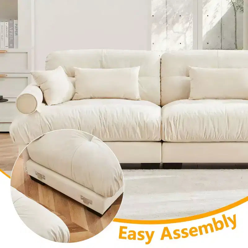 MAYEERTY Canapé Moderne Très Grand 3 Places en Velours, Assise et Dossier Confortables comme un Nuage avec Coussins Lombaires et Coussins Décoratifs Crème