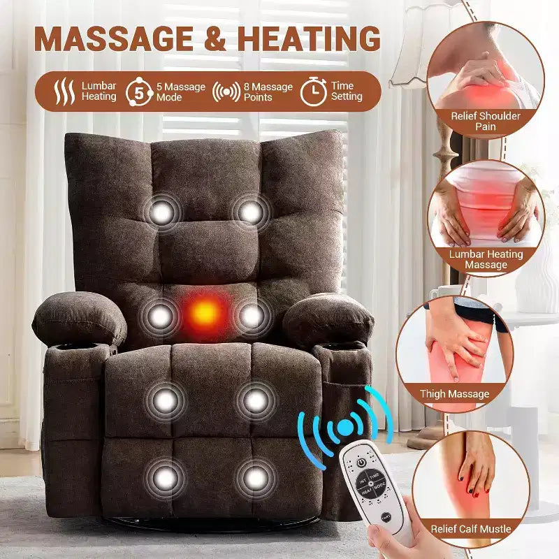 Recliner Chair with Massage and Heat, Swivel Rocker Recliner Chair with Side Pocket, Cup Holders, Ergonomic Rocking Sofa for Living Room, Bedroom