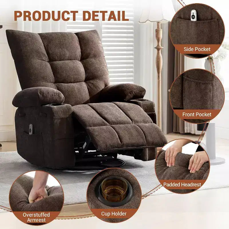 Recliner Chair with Massage and Heat, Swivel Rocker Recliner Chair with Side Pocket, Cup Holders, Ergonomic Rocking Sofa for Living Room, Bedroom