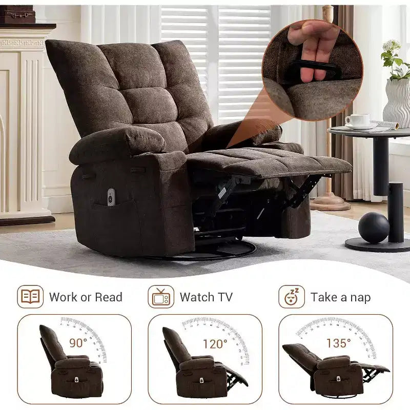 Recliner Chair with Massage and Heat, Swivel Rocker Recliner Chair with Side Pocket, Cup Holders, Ergonomic Rocking Sofa for Living Room, Bedroom