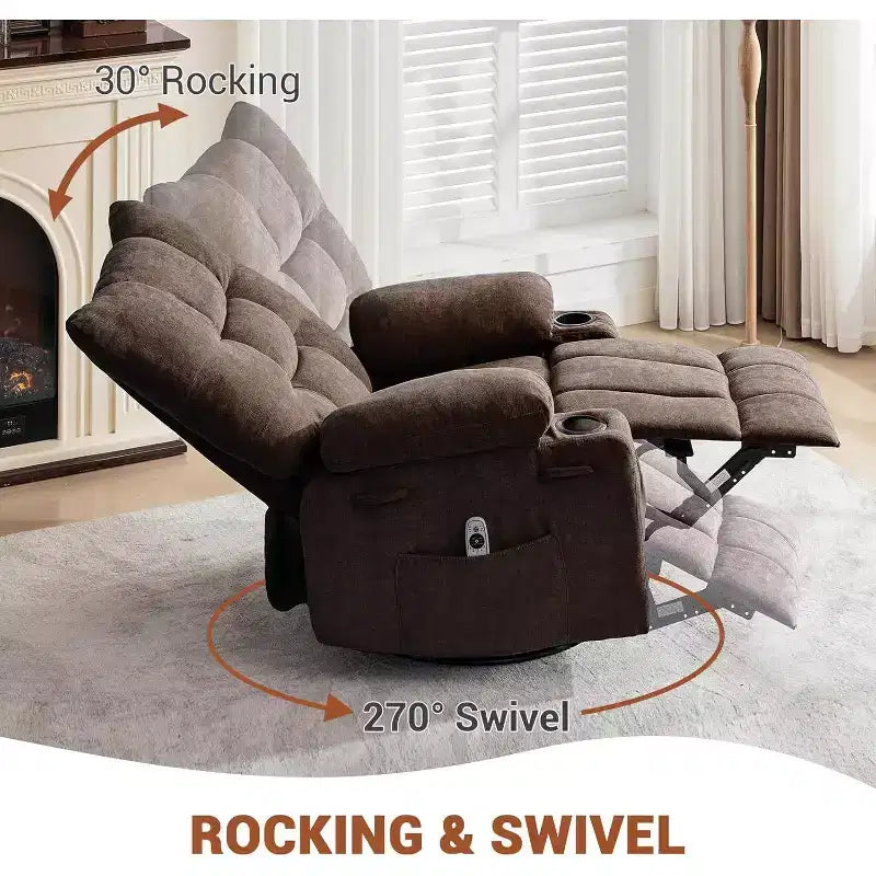 Recliner Chair with Massage and Heat, Swivel Rocker Recliner Chair with Side Pocket, Cup Holders, Ergonomic Rocking Sofa for Living Room, Bedroom