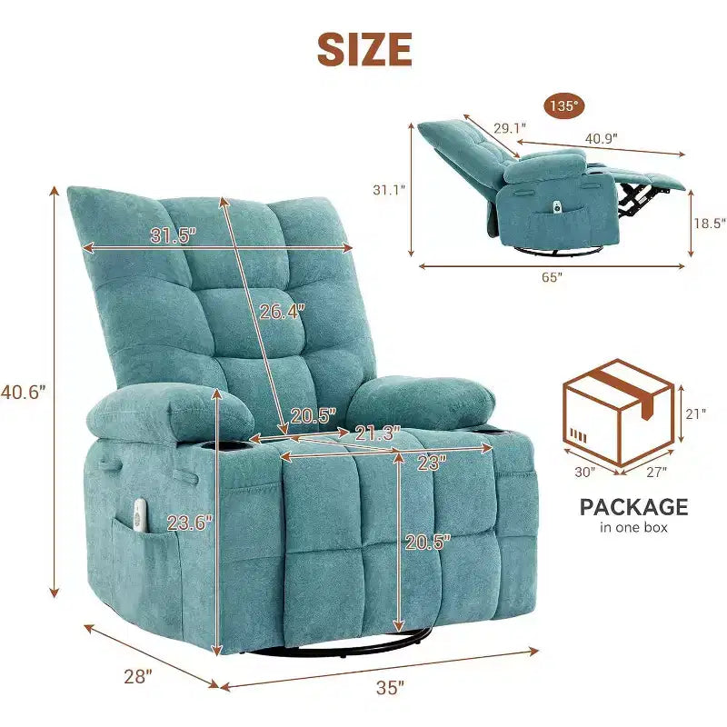 Recliner Chair with Massage and Heat, Swivel Rocker Recliner Chair with Side Pocket, Cup Holders, Ergonomic Rocking Sofa for Living Room, Bedroom