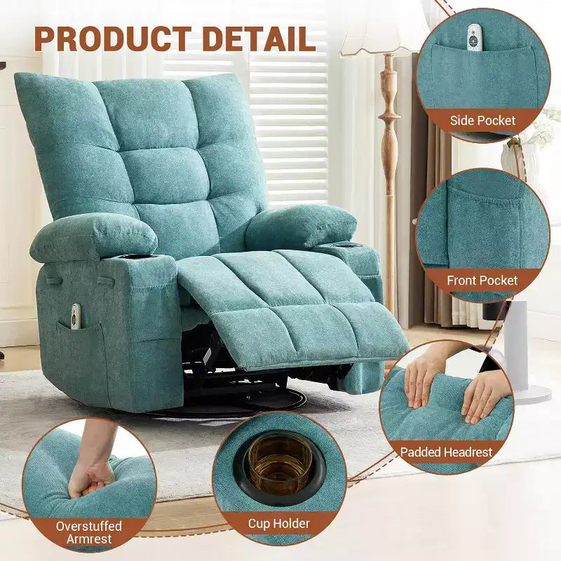 Recliner Chair with Massage and Heat, Swivel Rocker Recliner Chair with Side Pocket, Cup Holders, Ergonomic Rocking Sofa for Living Room, Bedroom