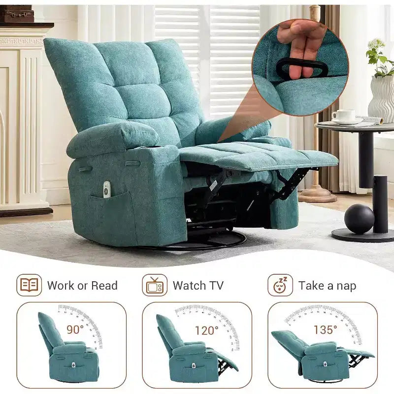Recliner Chair with Massage and Heat, Swivel Rocker Recliner Chair with Side Pocket, Cup Holders, Ergonomic Rocking Sofa for Living Room, Bedroom