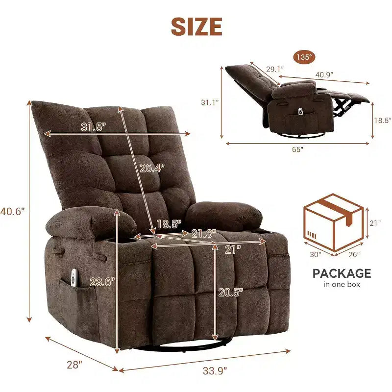 Recliner Chair with Massage and Heat, Swivel Rocker Recliner Chair with Side Pocket, Cup Holders, Ergonomic Rocking Sofa for Living Room, Bedroom