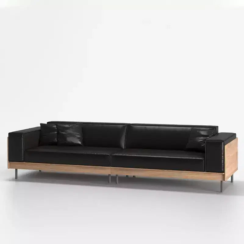 98.42 Mid-Century Modern Faux Leather Sofa - Extra Large 4-Seater with Wood Backing & 2 Pillows Gaoyangjiaju