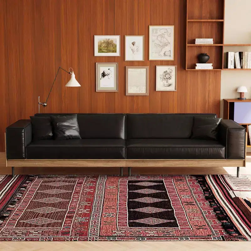 98.42 Mid-Century Modern Faux Leather Sofa - Extra Large 4-Seater with Wood Backing & 2 Pillows Gaoyangjiaju