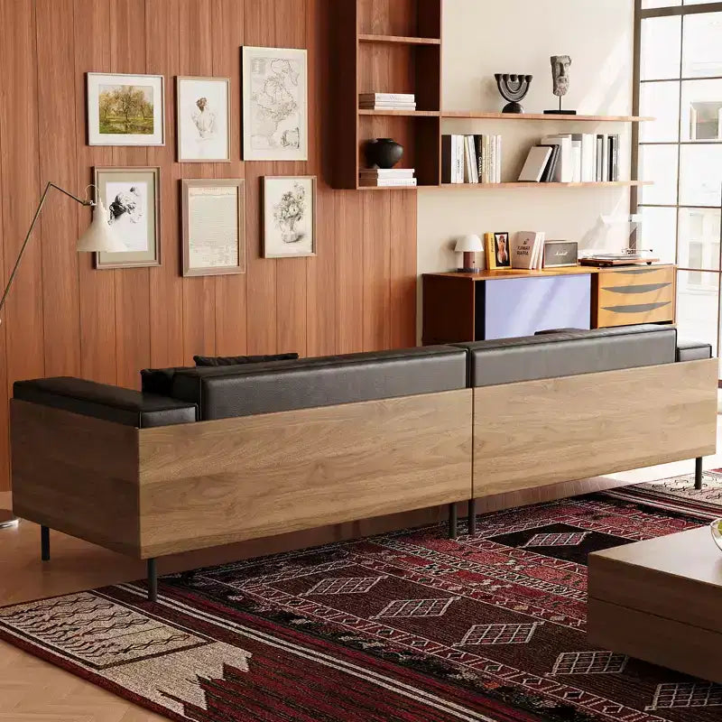 98.42 Mid-Century Modern Faux Leather Sofa - Extra Large 4-Seater with Wood Backing & 2 Pillows Gaoyangjiaju
