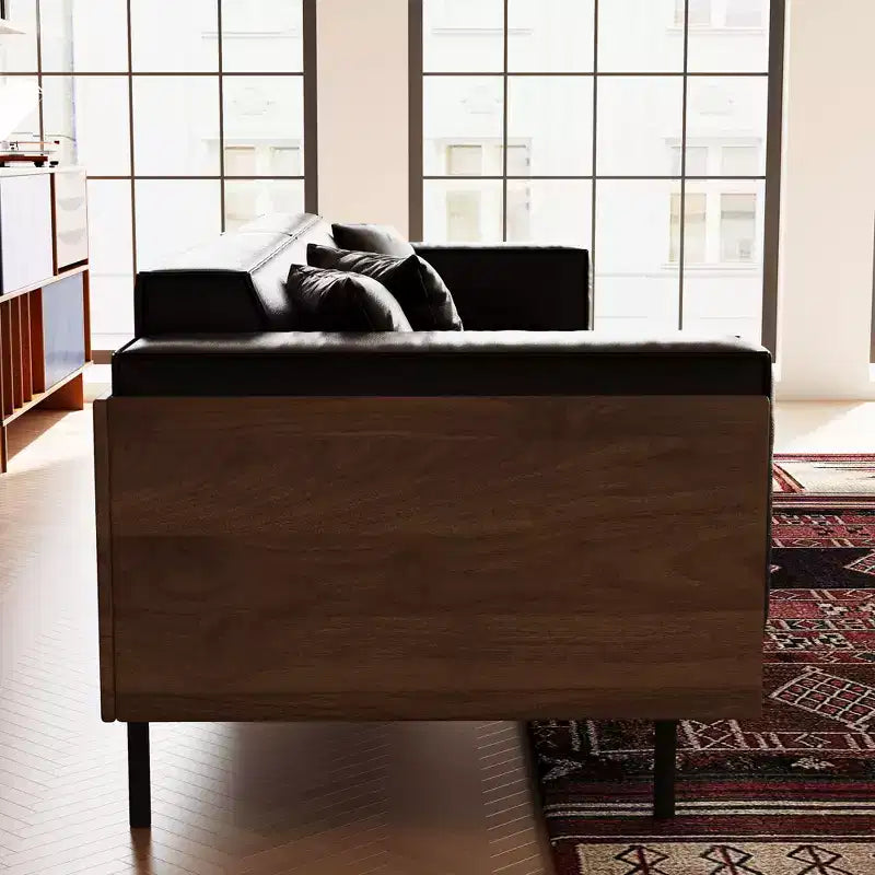 98.42 Mid-Century Modern Faux Leather Sofa - Extra Large 4-Seater with Wood Backing & 2 Pillows Gaoyangjiaju