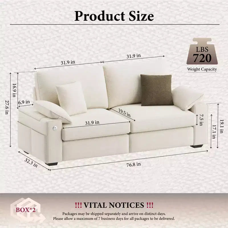Modern Linen Blend Fabric Sofa with USB & Type-C Charging Ports, Side Storage Pockets, and Flip-Top Armrest Storage for Living Room
