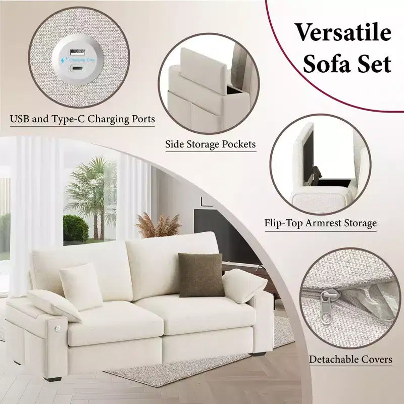 Modern Linen Blend Fabric Sofa with USB & Type-C Charging Ports, Side Storage Pockets, and Flip-Top Armrest Storage for Living Room