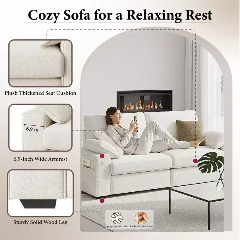 Modern Linen Blend Fabric Sofa with USB & Type-C Charging Ports, Side Storage Pockets, and Flip-Top Armrest Storage for Living Room