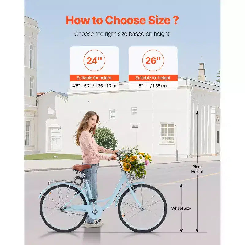 Vélo de croisière VEVOR, 1 vitesse, vélo de plage de 26 pouces bleu clair avec panier grande capacité et porte-bagages arrière, vélo de croisière sûr et robuste, bleu clair
