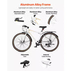 VEVOR Hybrid Bike, Lightweight Aluminum Frame Bike, 700c Wheel Men Women Hybrid Bicycle, Step-Over Adult Urban City Commuter Bikes, White