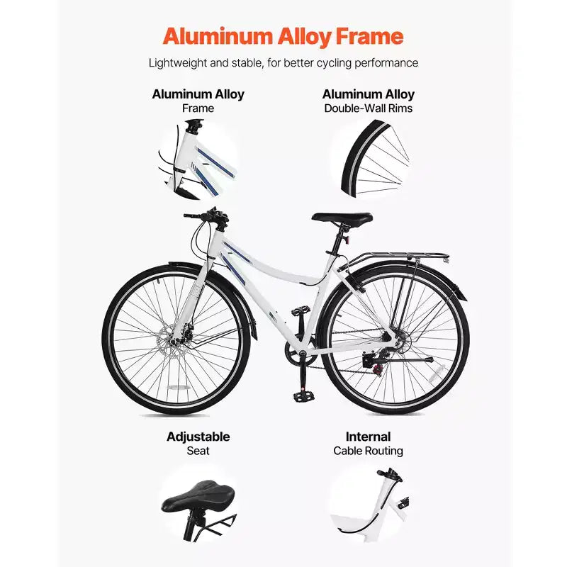 VEVOR Hybrid Bike, Lightweight Aluminum Frame Bike, 700c Wheel Men and Women Hybrid Bicycle, Step-Through Adult Urban City Commuter Bikes, White