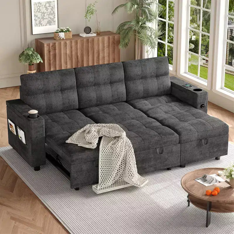 COZONY 84 L-Shaped Sectional Sleeper Sofa with Pull Out Bed, Reversible Storage Chaise & Cup Holders for Living Room
