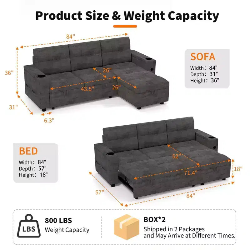 COZONY 84 L-Shaped Sectional Sleeper Sofa with Pull Out Bed, Reversible Storage Chaise & Cup Holders for Living Room
