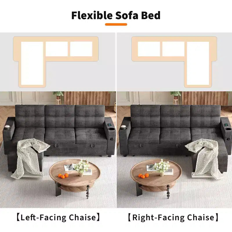 COZONY 84 L-Shaped Sectional Sleeper Sofa with Pull Out Bed, Reversible Storage Chaise & Cup Holders for Living Room