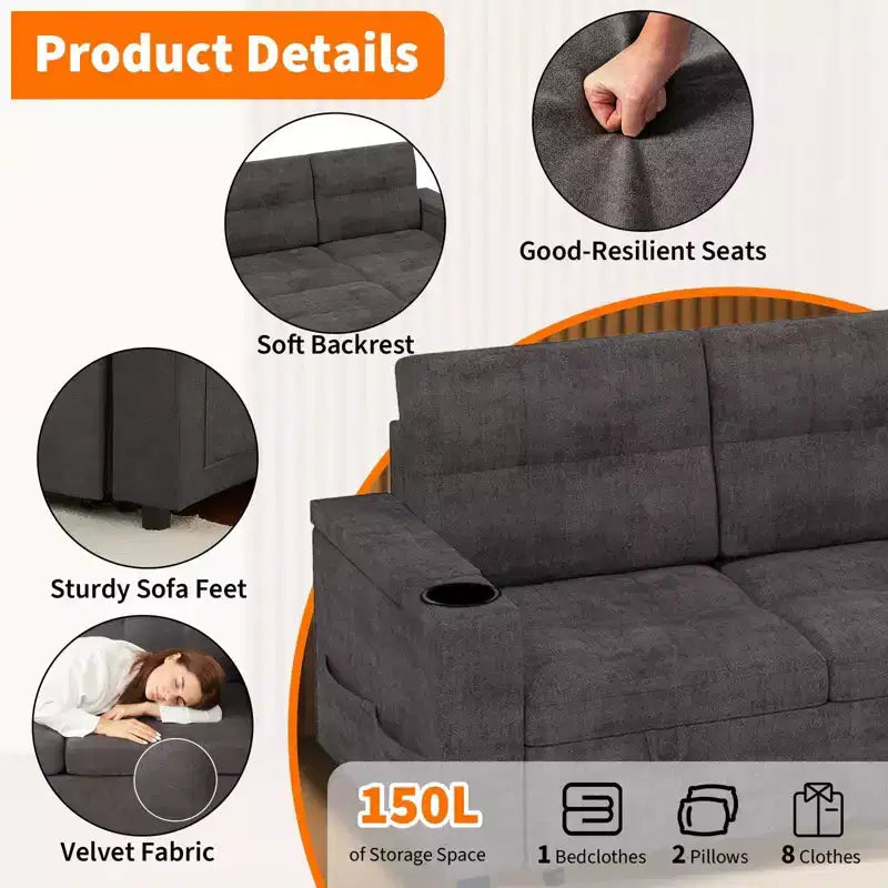 COZONY 84 L-Shaped Sectional Sleeper Sofa with Pull Out Bed, Reversible Storage Chaise & Cup Holders for Living Room