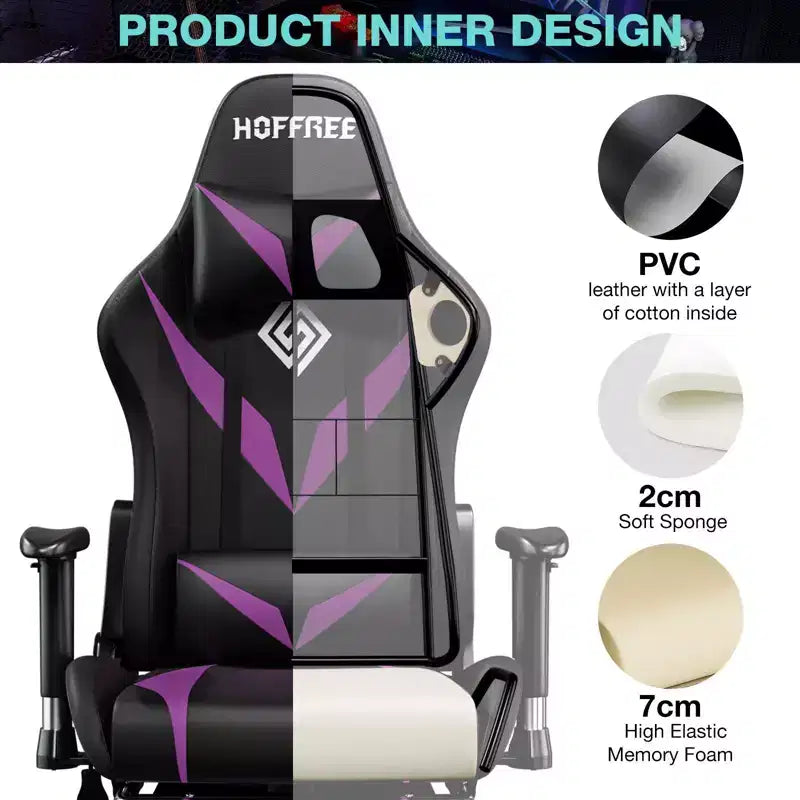 Hoffree Massage Reclining Gaming Chair Ergonomic Office PC Chair with Bluetooth Speaker & RGB Light