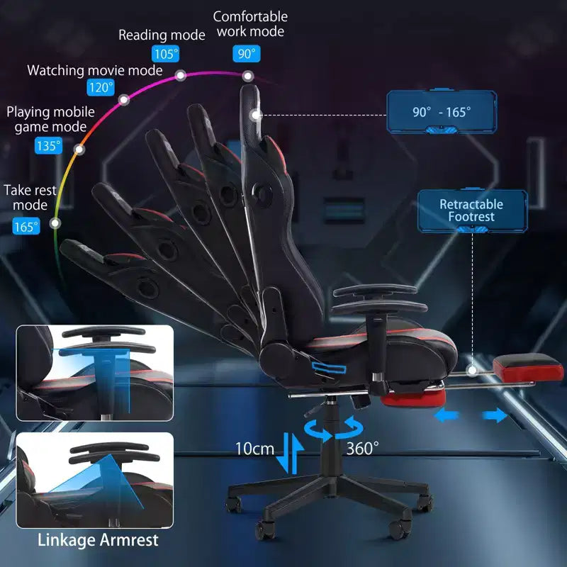 Hoffree Massage Reclining Gaming Chair Ergonomic Office PC Chair with Bluetooth Speaker & RGB Light