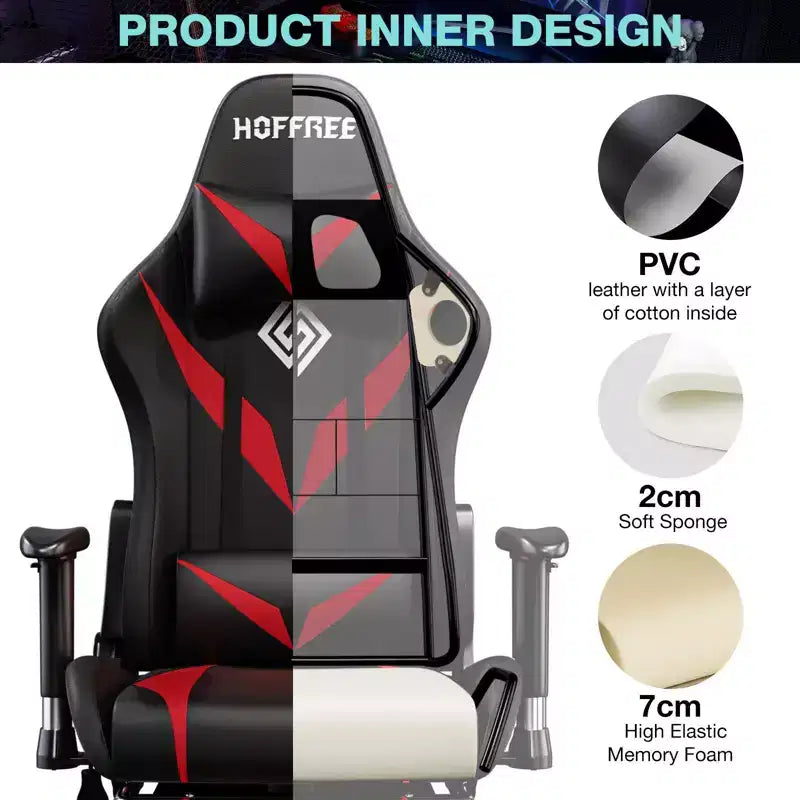 Hoffree Massage Reclining Gaming Chair Ergonomic Office PC Chair with Bluetooth Speaker & RGB Light