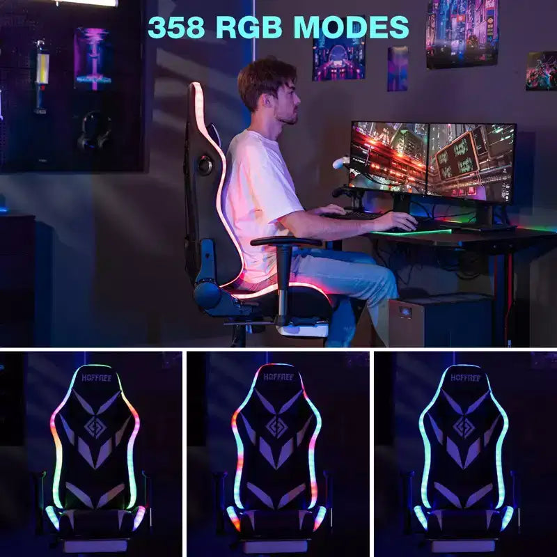 Hoffree Massage Reclining Gaming Chair Ergonomic Office PC Chair with Bluetooth Speaker & RGB Light