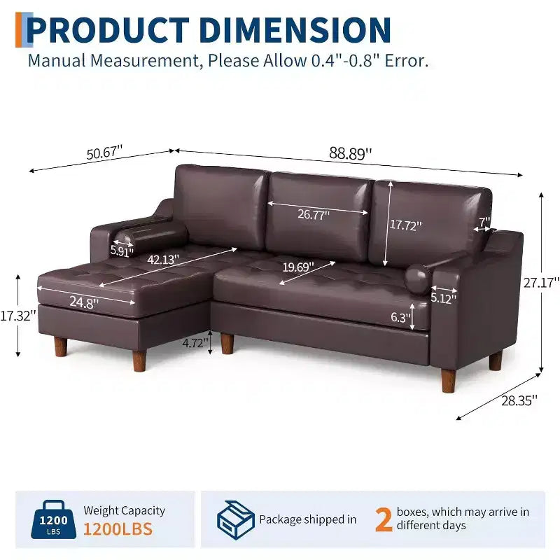 88.9 L-Shaped Sectional Sofa with Reversible Chaise - Mid-Century Faux Leather Couch for Living Room Apartment