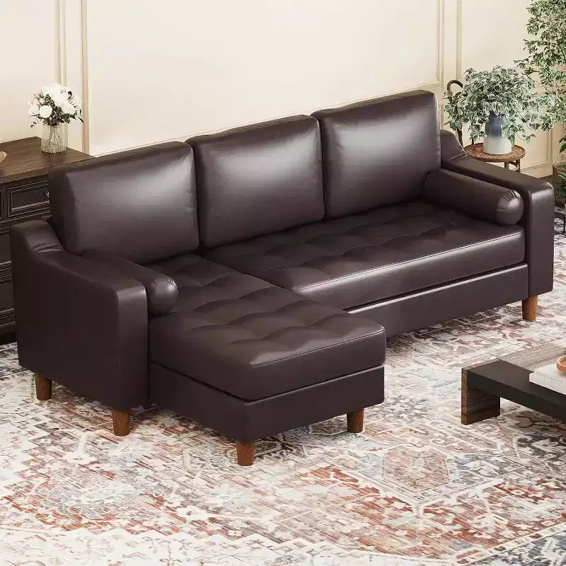 88.9 L-Shaped Sectional Sofa with Reversible Chaise - Mid-Century Faux Leather Couch for Living Room Apartment