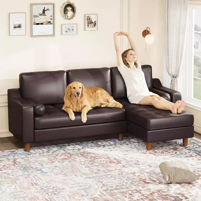 88.9 L-Shaped Sectional Sofa with Reversible Chaise - Mid-Century Faux Leather Couch for Living Room Apartment