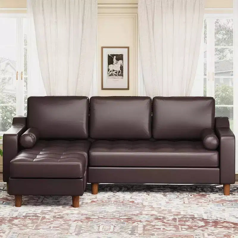 88.9 L-Shaped Sectional Sofa with Reversible Chaise - Mid-Century Faux Leather Couch for Living Room Apartment