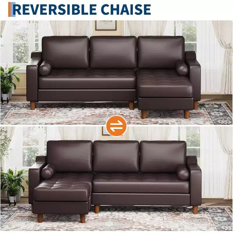 88.9 L-Shaped Sectional Sofa with Reversible Chaise - Mid-Century Faux Leather Couch for Living Room Apartment