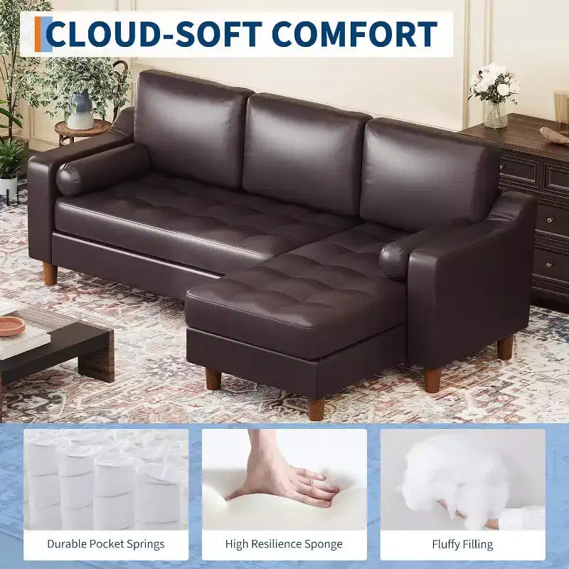 88.9 L-Shaped Sectional Sofa with Reversible Chaise - Mid-Century Faux Leather Couch for Living Room Apartment