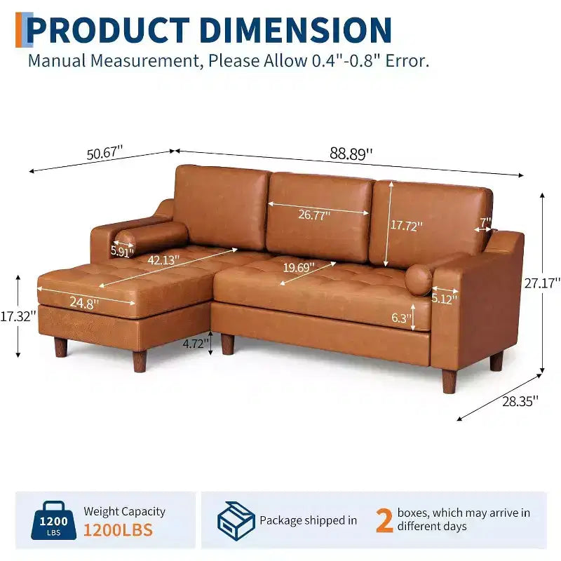 88.9 L-Shaped Sectional Sofa with Reversible Chaise - Mid-Century Faux Leather Couch for Living Room Apartment