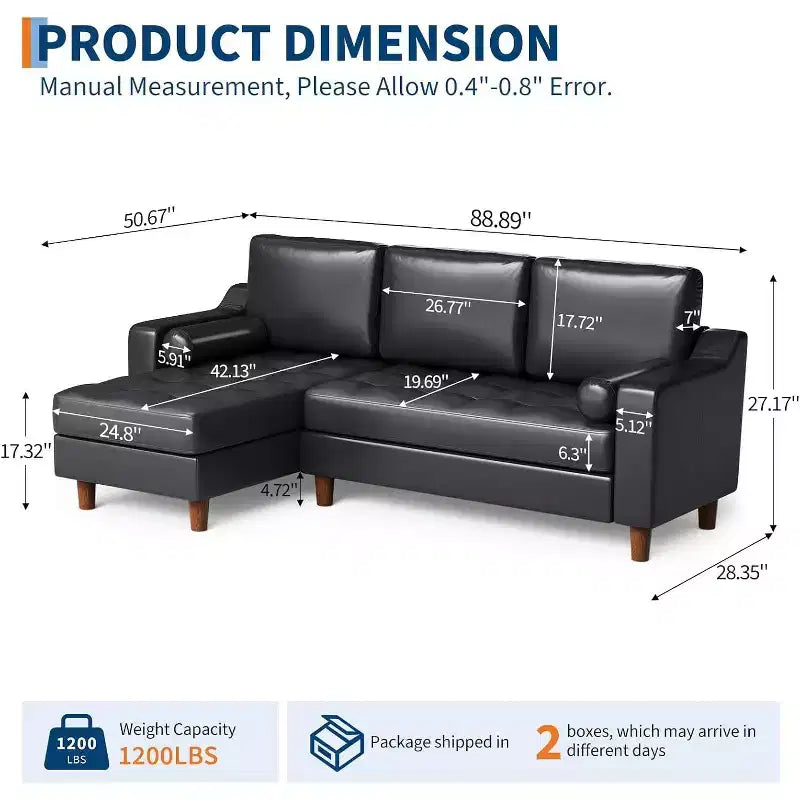 88.9 L-Shaped Sectional Sofa with Reversible Chaise - Mid-Century Faux Leather Couch for Living Room Apartment