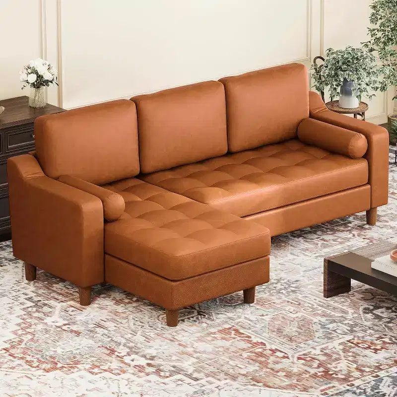 88.9 L-Shaped Sectional Sofa with Reversible Chaise - Mid-Century Faux Leather Couch for Living Room Apartment